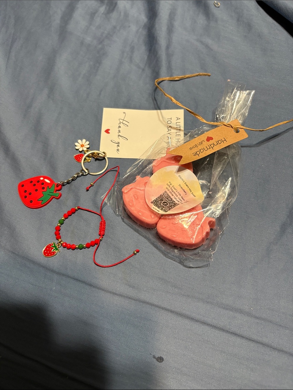 Strawberry Keychain Charm with bracelet and 3 strawberry mini goat milk soaps - Picture 16 of 17